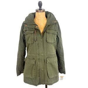 STEVE MADDEN Utility Jacket Coat S Olive Green Packable Hood Zip Snap NWT B76